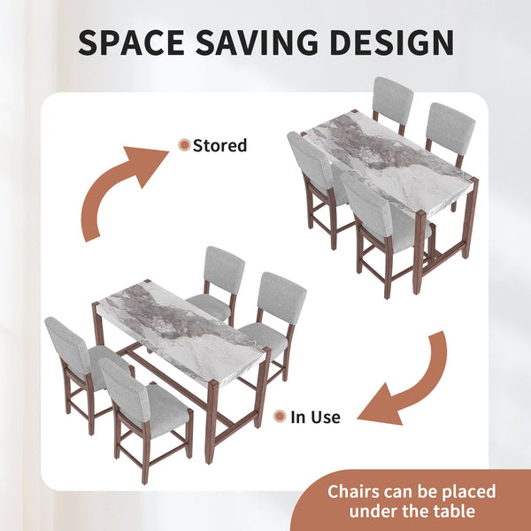 English Elm 5-Piece Counter Height Dining Set with Faux Marble Top and Upholstered Seats, Mid-Century Pub Charm White+gray N752S000086E