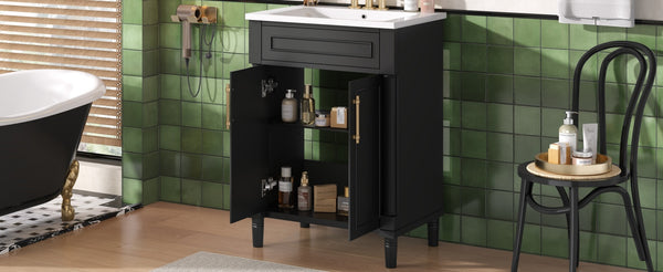 English Elm 24" Bathroom Vanity with Integrated Ceramic Sink and Adjustable Shelf, Vintage Hardware, Space-Saving Design Black N710P277711B