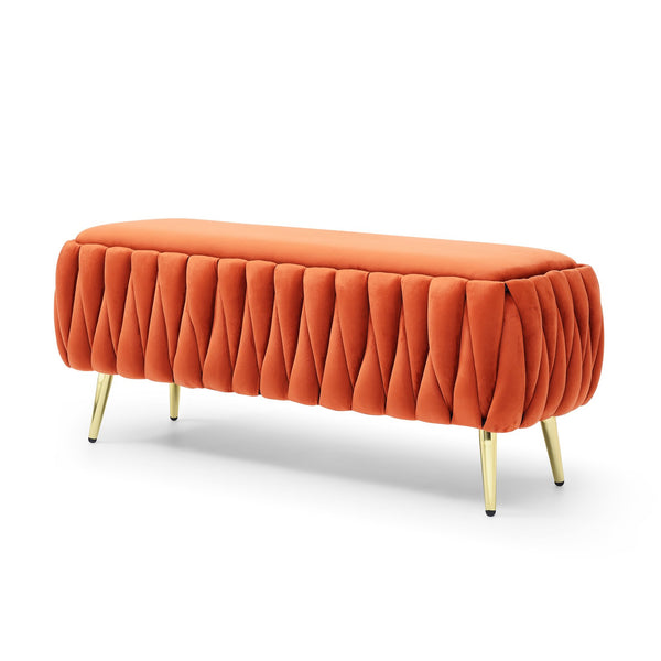 English Elm Oval Teddy Fabric Storage Bench with Gold Legs — 43.4" Large Upholstered Ottoman for Entryway Seating and Hidden Organization Orange W1117P184676