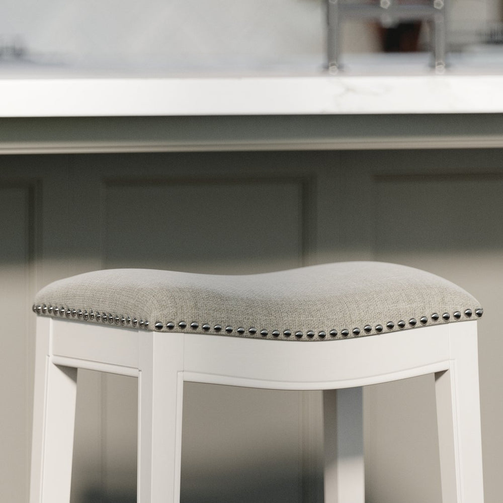 English Elm 26in. Whitewash Hardwood Backless Barstool Gray Upholstered Saddle Seat Nailhead B2751P436485