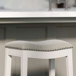 English Elm 26in. Whitewash Hardwood Backless Barstool Gray Upholstered Saddle Seat Nailhead B2751P436485