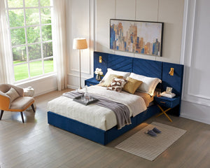 English Elm Queen Velvet Wingback Platform Bed Channel Tufted Upholstered Frame No Box Spring Blue W1793S00051