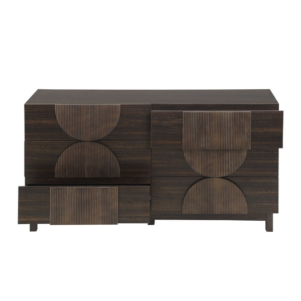 English Elm Modern Fluted 6 Drawer Dresser with Solid Wood Legs Japandi Chest for Bedroom Dark Brown N739S0000013D