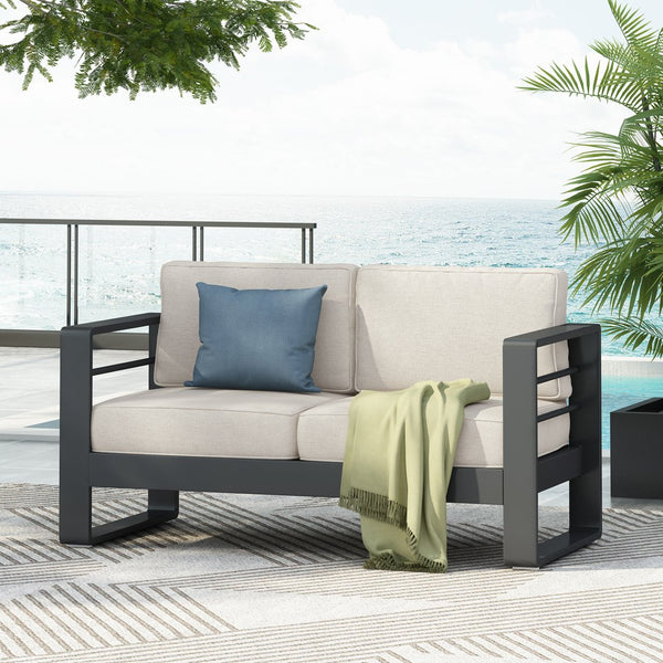 English Elm Christopher Knight Home® - Maya Bay Mp1 Loveseat – Stylish Black Frame With Plush Beige Cushions For Ultimate Outdoor Comfort N775P243373B