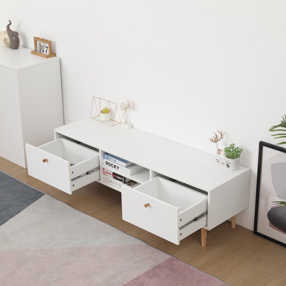 English Elm Elegant 2 Drawer TV Cabinet with Solid Wood Legs, White & Oak Melamine, Spacious 56 x 15 x 17 Inch Storage W1581P144333