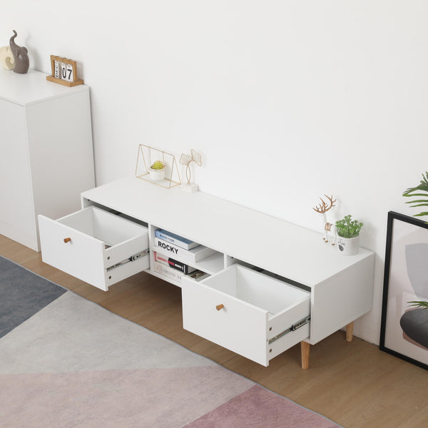 English Elm Elegant 2 Drawer TV Cabinet with Solid Wood Legs, White & Oak Melamine, Spacious 56 x 15 x 17 Inch Storage W1581P144333