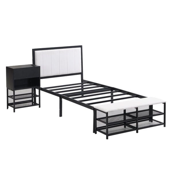 English Elm Twin Metal Platform Bed With Two-Tier Shelves & Wooden Cabinet - Stylish Storage Solution In Black N737P199330B-GIGA