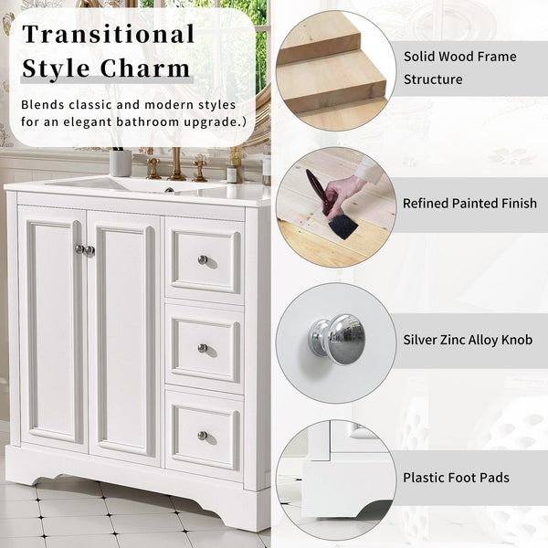 English Elm 36'' Transitional Bathroom Vanity with Ceramic Sink, Solid Wood Frame, Adjustable U-Shelf & Soft-Close Doors White N729P292966K