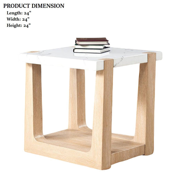 English Elm 1pc End Table with Faux Marble Top, Two-Tone Modern Accent Piece, 24” Square Stylish Living Room Natural,White 28 L x 28 W x 14 H B2741P402818
