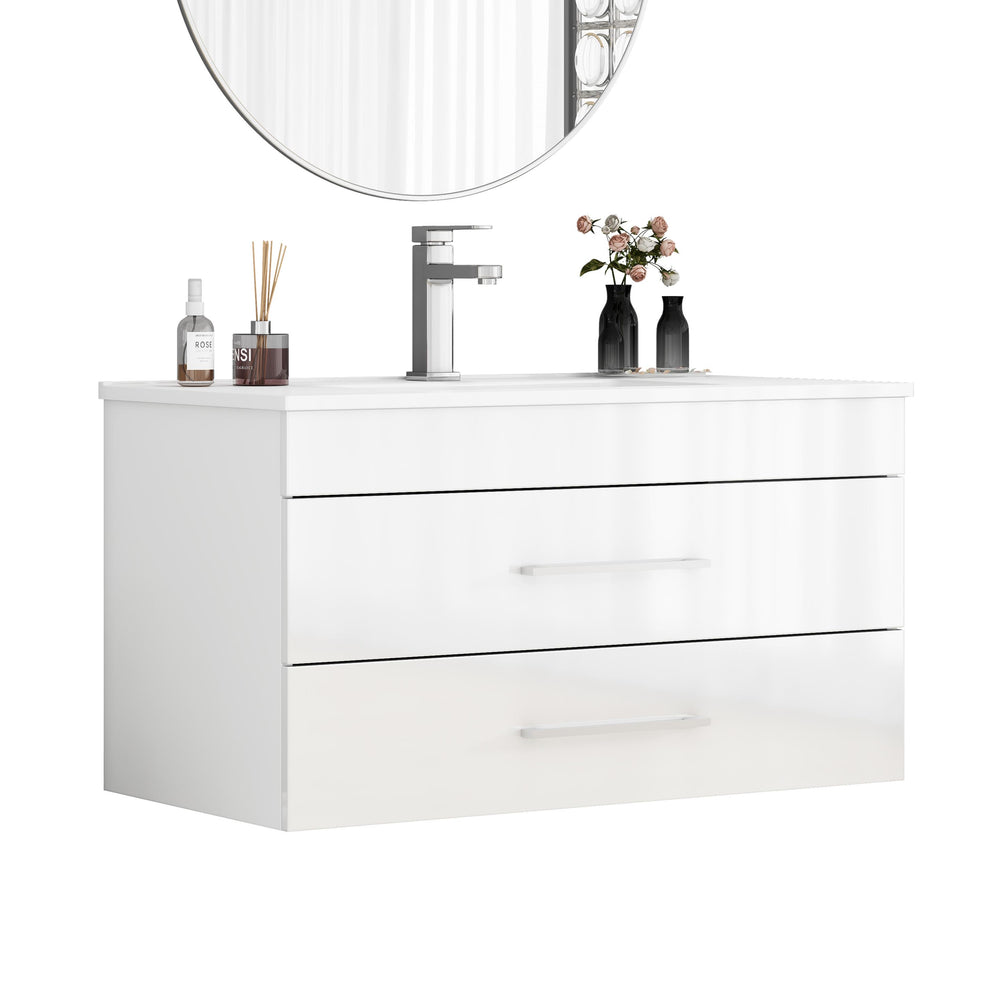 English Elm 36-Inch Modern Wall-Mounted Bathroom Vanity With Soft-Close Drawers & Glossy White Ceramic Sink W3151S00050