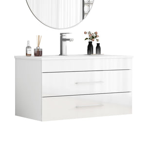 English Elm 36-Inch Modern Wall-Mounted Bathroom Vanity With Soft-Close Drawers & Glossy White Ceramic Sink W3151S00050