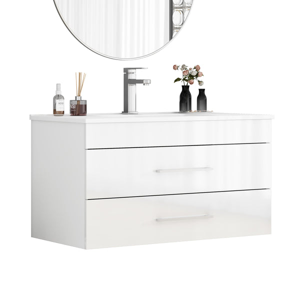 English Elm 36-Inch Modern Wall-Mounted Bathroom Vanity With Soft-Close Drawers & Glossy White Ceramic Sink W3151S00050