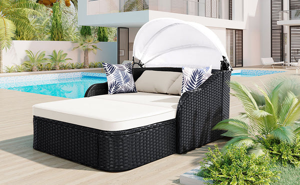 English Elm GO Outdoor Sun Bed with Adjustable Canopy, Durable PE Rattan Double Lounger, Zippered Cushions and Pillows for Easy Care and 500lb Capacity Beige+Black FG201223AAK