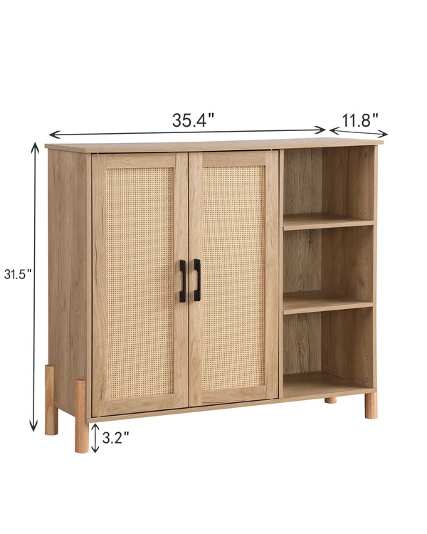English Elm Mid-Century Woven Rattan Door Storage Cabinet with Adjustable Shelves and Solid Wood Legs, Stylish and Functional Natural 39.4 L x 15 W x 6.7 H W3151P288913