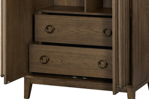 English Elm Armoire Latte Solid Wood+MDF Wardrobe with 2 Cedar-Lined Drawers, 4 Shelves, Rod & 5 Hooks, Mid-Brown Finish B2699P346314