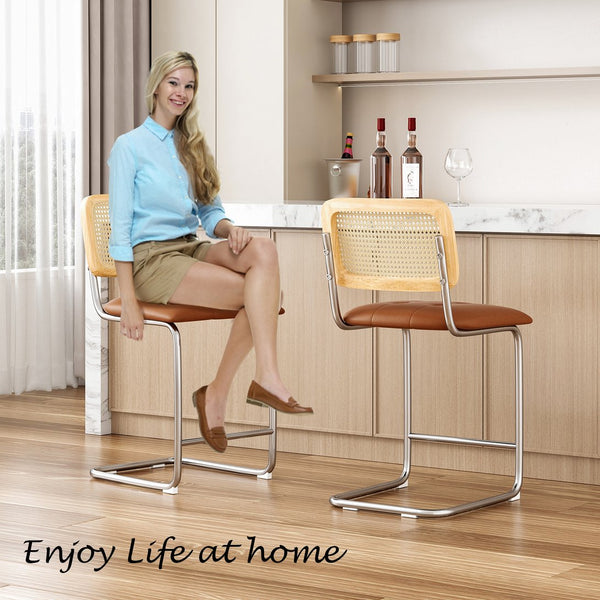 English Elm Farini Velvet Counter Height Bar Stools Set of 2 with Rattan Back, Cantilever Comfort & Floor Protectors Brown T3623P354966