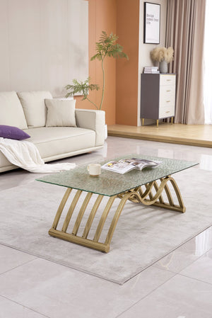 English Elm 47" Rectangle Modern Coffee Table With Ripple Glass Top, Gold Stainless Steel Frame, Easy Assembly W2978S00015