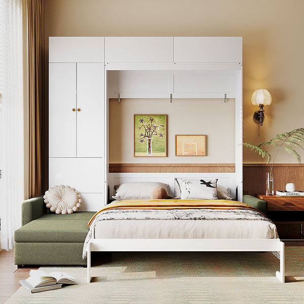 English Elm Queen Murphy Bed with L-shaped Velvet Sofa Storage Cabinets for Studio Living White LP000765AAG-1