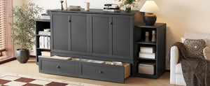 English Elm Queen Murphy Wall Bed with Open Shelves and Drawers for Guest or Office Rooms Dark Gray W5316S00009