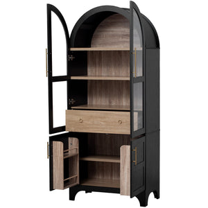 English Elm K&K Arched 71" Kitchen Pantry Cabinet with Glass Doors, Brass Handles, Adjustable Shelves & Drawer Black N707P288969B