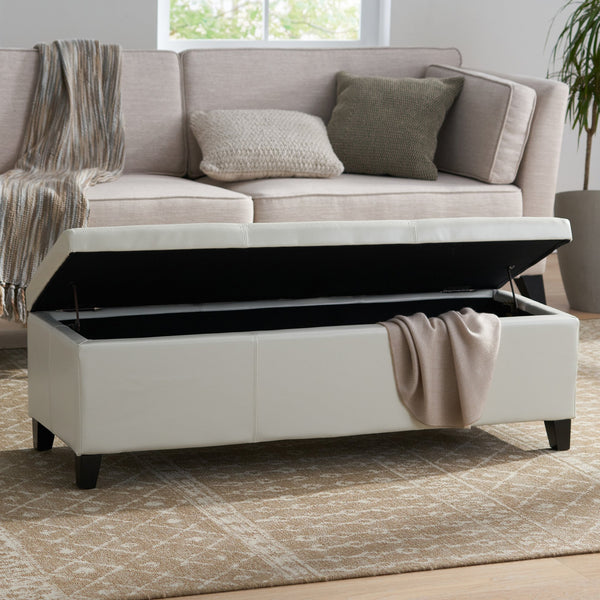 English Elm Glouster Bench Style Pu Leather Storage Ottoman with Soft Close Lid for Bedroom Ivory 57742.00IVY