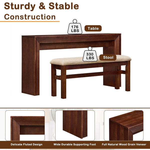 English Elm Fluted Counter Height Dining Set Narrow Bar Console with Upholstered Stool Retro Wood Walnut W1202P330890