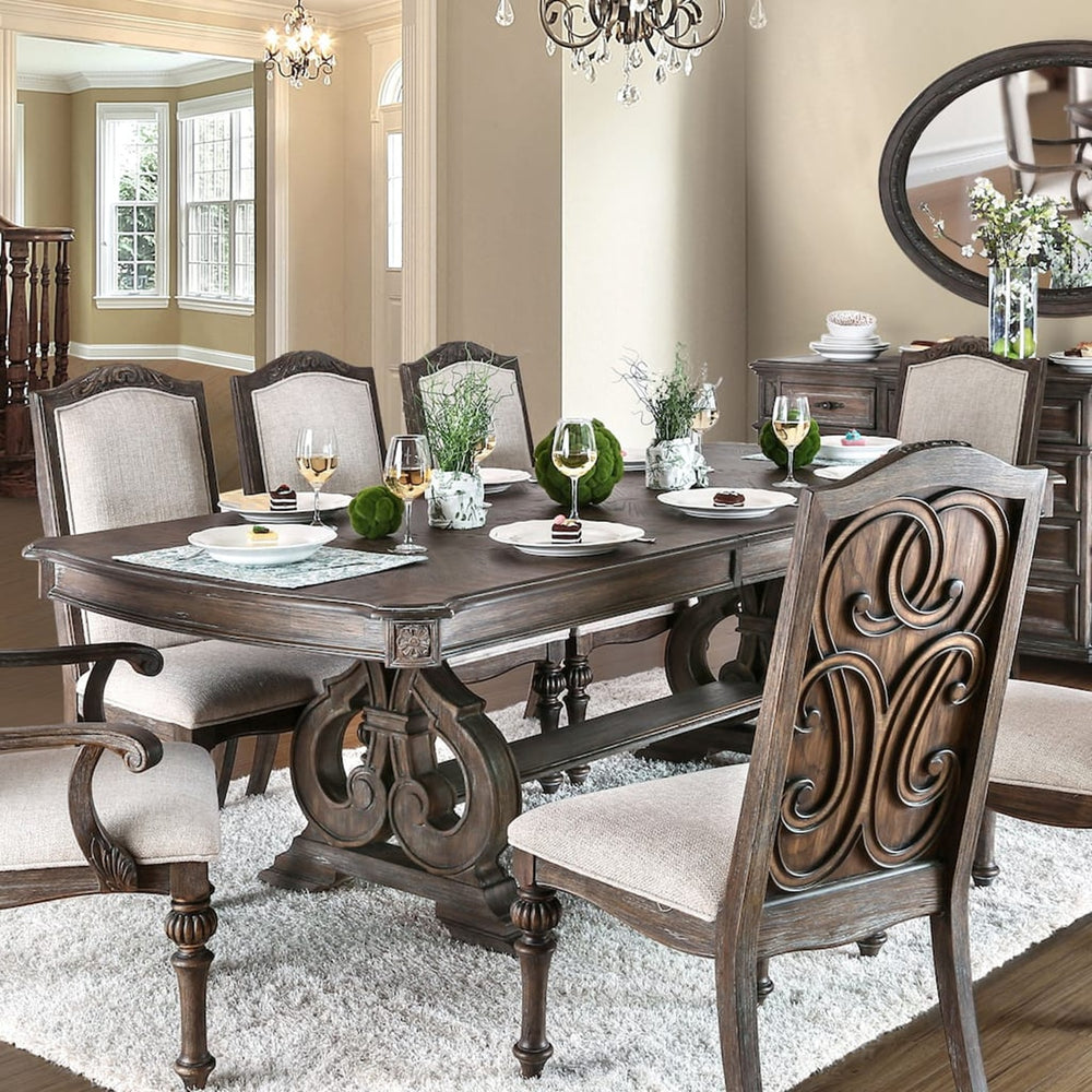 English Elm Antique White 7 Piece Formal Dining Set Carved Wood Trestle Table Ivory Upholstered Chairs Ivory,Natural,Natural+Rustic B2741S00887