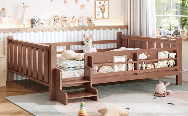 English Elm Queen Bunk Bed with Trundle Solid Pine Kids Car Themed Frame Built-in Bookshelf Natural W1580S00537