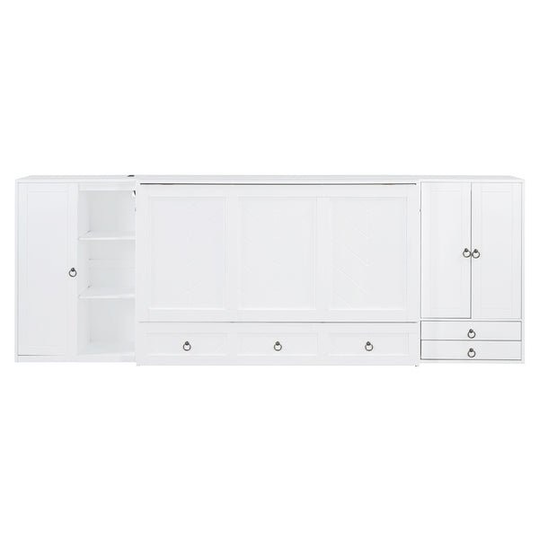 English Elm Queen Murphy Bed with Wardrobe Cabinets Built-in Usb Charging and Concealed Drawers White LP000590AAK