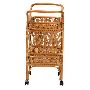 English Elm Modern Rattan Kitchen Cart with Slatted Shelves Bohemian Woven Storage on Wheels B2750P467708