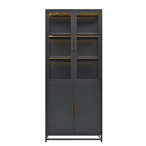 English Elm 76.75'' Steel Curio Cabinet with Led Lights Tempered Glass Doors Vintage Brass Handles SN845P282833B_R