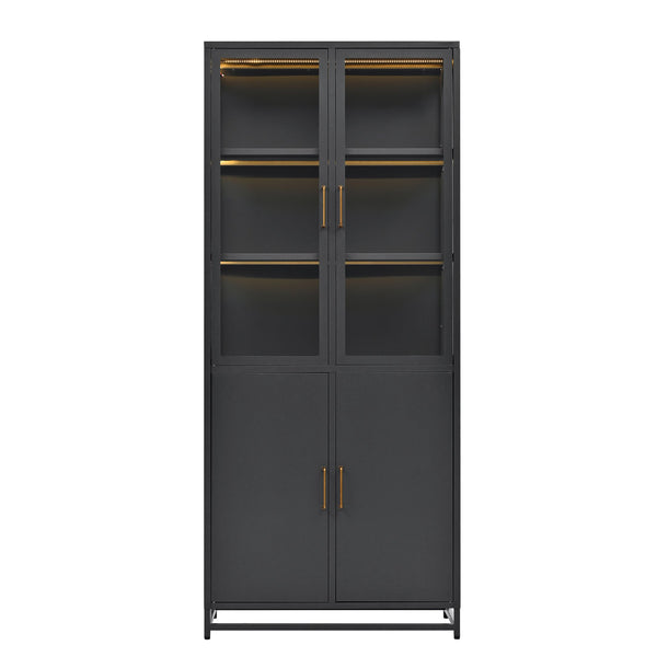English Elm 76.75'' Steel Curio Cabinet with Led Lights Tempered Glass Doors Vintage Brass Handles SN845P282833B_R