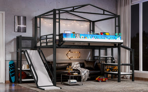 English Elm Twin Metal Loft Bed with Built-in Wardrobe Storage Stairs Led Lights and Usb Ports W5316S00047