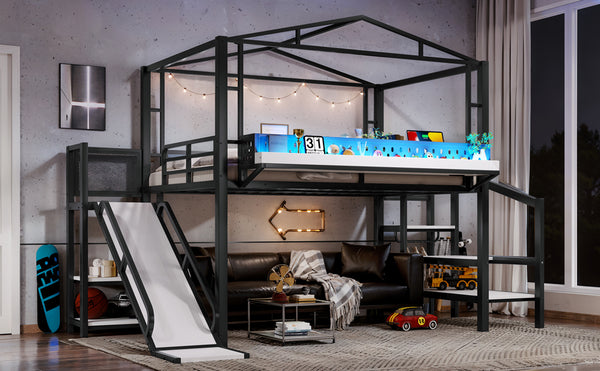 English Elm Twin Metal Loft Bed with Built-in Wardrobe Storage Stairs Led Lights and Usb Ports W5316S00047