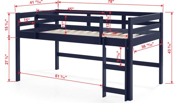 English Elm Lara Twin Loft Bed in Navy Blue Solid Pine with 13 Slat System, Guardrail & Reversible Ladder B2726P277884
