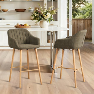 English Elm Modern Linen Upholstered Barstools with Oak Legs Armrests and Footrest for Kitchen Islands Green W395P396315