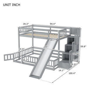 English Elm Twin Over Full Bunk Bed Solid Pine Frame with Built-in Slide and Storage Staircase Grey W504S00289