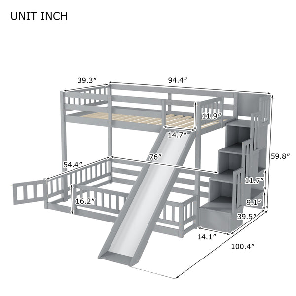English Elm Twin Over Full Bunk Bed Solid Pine Frame with Built-in Slide and Storage Staircase Grey W504S00289