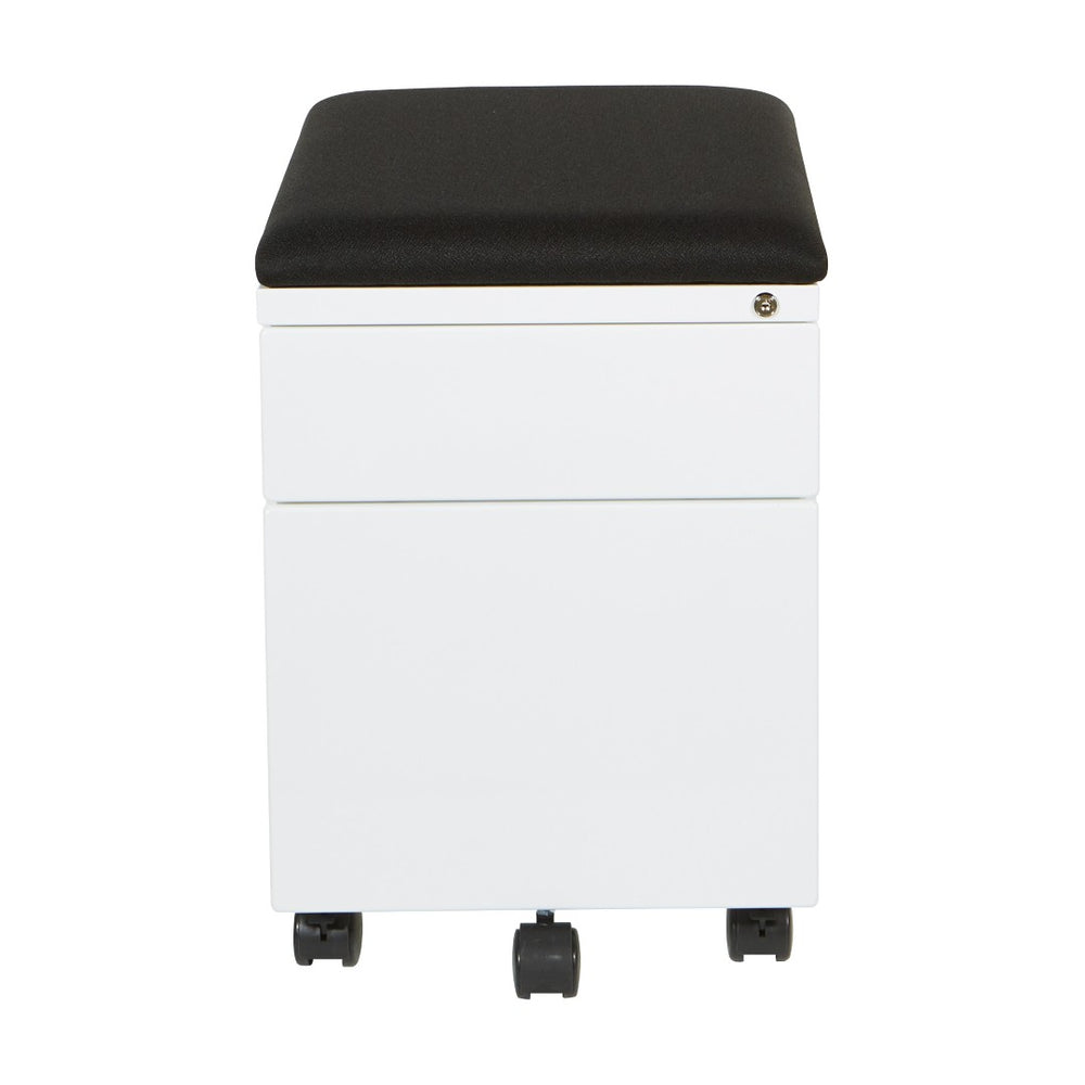 OSP Home Furnishings Mobile Steel File Cabinet with Padded Seat Locking Drawers and Casters for Home Office BXPMC22BF-WH