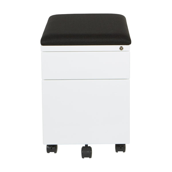 OSP Home Furnishings Mobile Steel File Cabinet with Padded Seat Locking Drawers and Casters for Home Office BXPMC22BF-WH