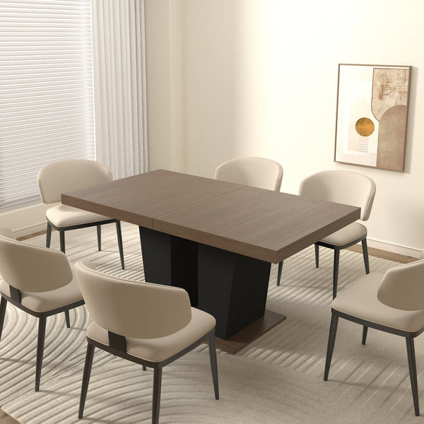 English Elm Extendable Faux Marble Dining Table with V-Legs — Sleek Expandable Conference & Kitchen Centerpiece for 6–10 Beige+Brown W1347S00007