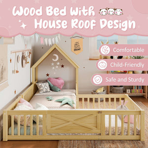 English Elm Twin House Floor Bed with Door & Full-Length Guardrails, Solid Wood Twin Loft Alternative for Kids Natural W1580P327129