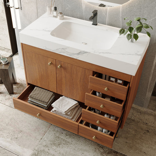 English Elm 36" Freestanding Bathroom Vanity Sintered Stone Top Ceramic Sink Stainless Steel Legs Gold,Walnut,White W3136S00070