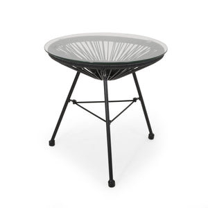 English Elm Christopher Knight Home® - NUSA Side Table with Tempered Glass Top and Handcrafted Rattan Base — Modern Outdoor Accent Table Black 66627.00BLK