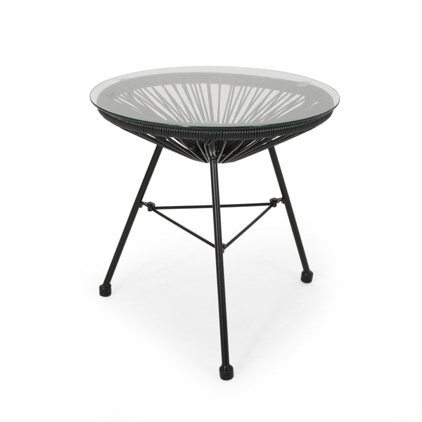 English Elm Christopher Knight Home® - NUSA Side Table with Tempered Glass Top and Handcrafted Rattan Base — Modern Outdoor Accent Table Black 66627.00BLK
