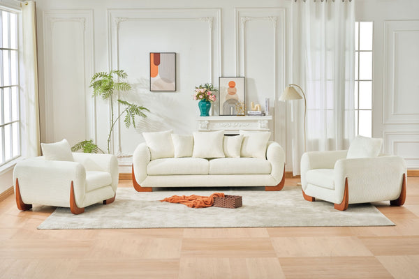 English Elm Upholstery Fabric 3+2 Arm Chair Sofa - Cozy Beige With Natural Oak Legs For Modern Living Rooms W2817S00006-GIGA