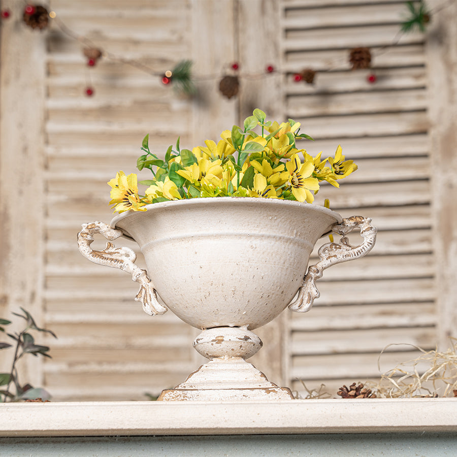 English Elm Vintage Double-Handled Flower Pot Off-White Metal Rustic Charm for Home, Garden, Gift, 10x9 in W2946P243926