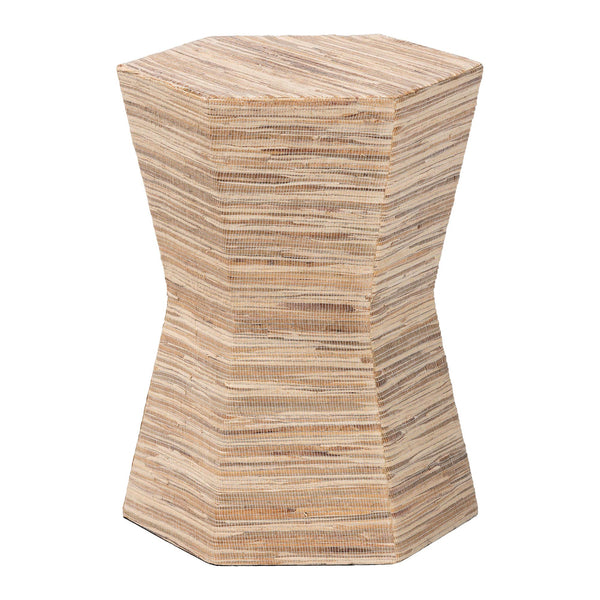 English Elm Bohemian Grasscloth Wrapped Hourglass Side Table with Sculptural Hexagonal Top B2750P467822