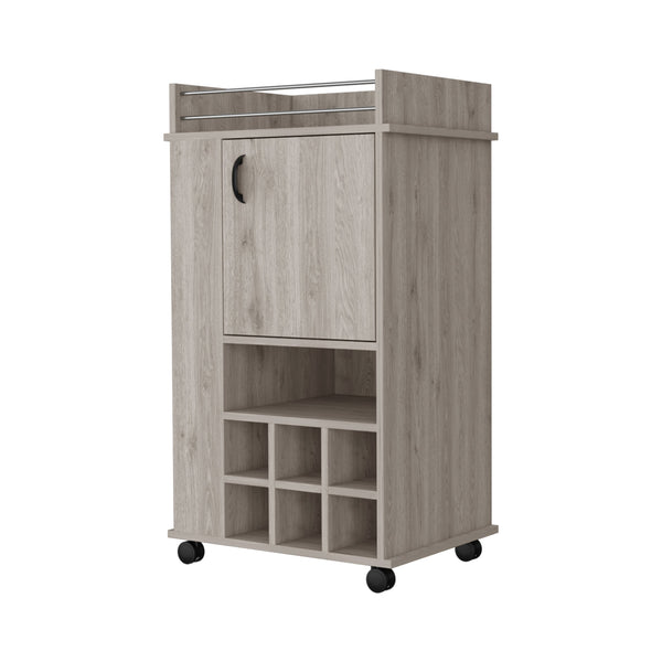 English Elm Farson Light Gray Bar Cart with 2 Side Shelves, 6 Wine Racks, Cabinet & Smooth Casters for Entertaining B128P176136