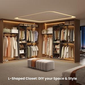 English Elm Closet Organizer: Heavy-Duty Wood System With 4 Adjustable Rods & 5 Open Shelves For 8 Ft Spaces T3623P409162